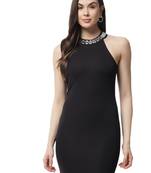 Popwings Partywear Stone Styling Black Halter Neck Sheath Dress