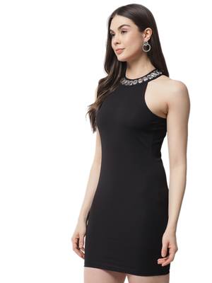 Popwings Partywear Stone Styling Black Halter Neck Sheath Dress 2