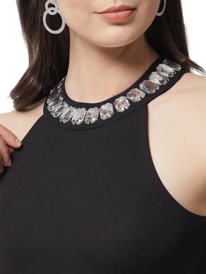 Popwings Partywear Stone Styling Black Halter Neck Sheath Dress 4