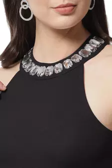 Popwings Partywear Stone Styling Black Halter Neck Sheath Dress