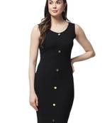 Popwings Womens Casual Black Front Button Ribbed Slit Cotton Dress
