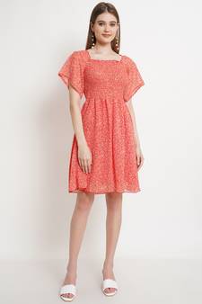 Popwings Women Georgette Orange Floral Print Knee Length Flare Smocking Dress