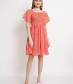 Popwings Women Georgette Orange Floral Print Knee Length Flare Smocking Dress
