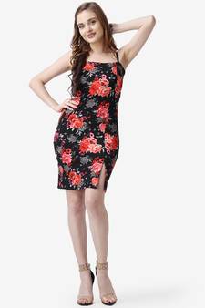 Popwings Women Casual Black Floral Print Bodycon Front Slit Noodle Strap Dress
