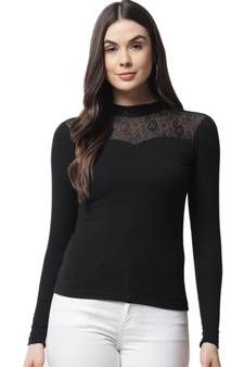 Popwings Women Casual Black Self Design Rib Top