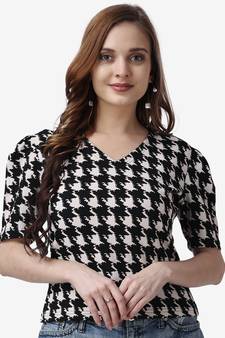 Popwings Women Casual Black White Geometric Print Top