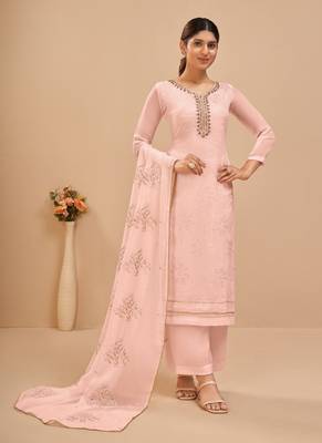Light Pink Georgette Embroidered Straight Suits 1