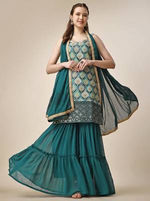 Women Chinon Sky & teal Position Printed Design Kurta and Sharara With Dupatta 1