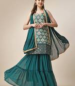 Women Chinon Sky & teal Position Printed Design Kurta and Sharara With Dupatta