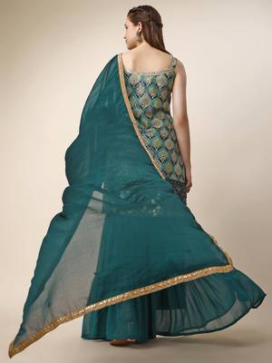 Women Chinon Sky & teal Position Printed Design Kurta and Sharara With Dupatta 2