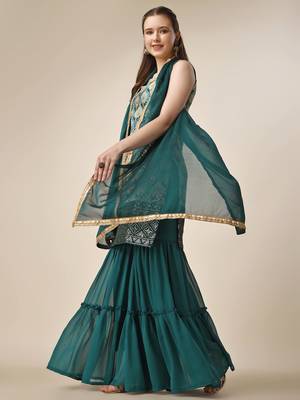 Women Chinon Sky & teal Position Printed Design Kurta and Sharara With Dupatta 3