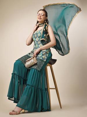 Women Chinon Sky & teal Position Printed Design Kurta and Sharara With Dupatta 4