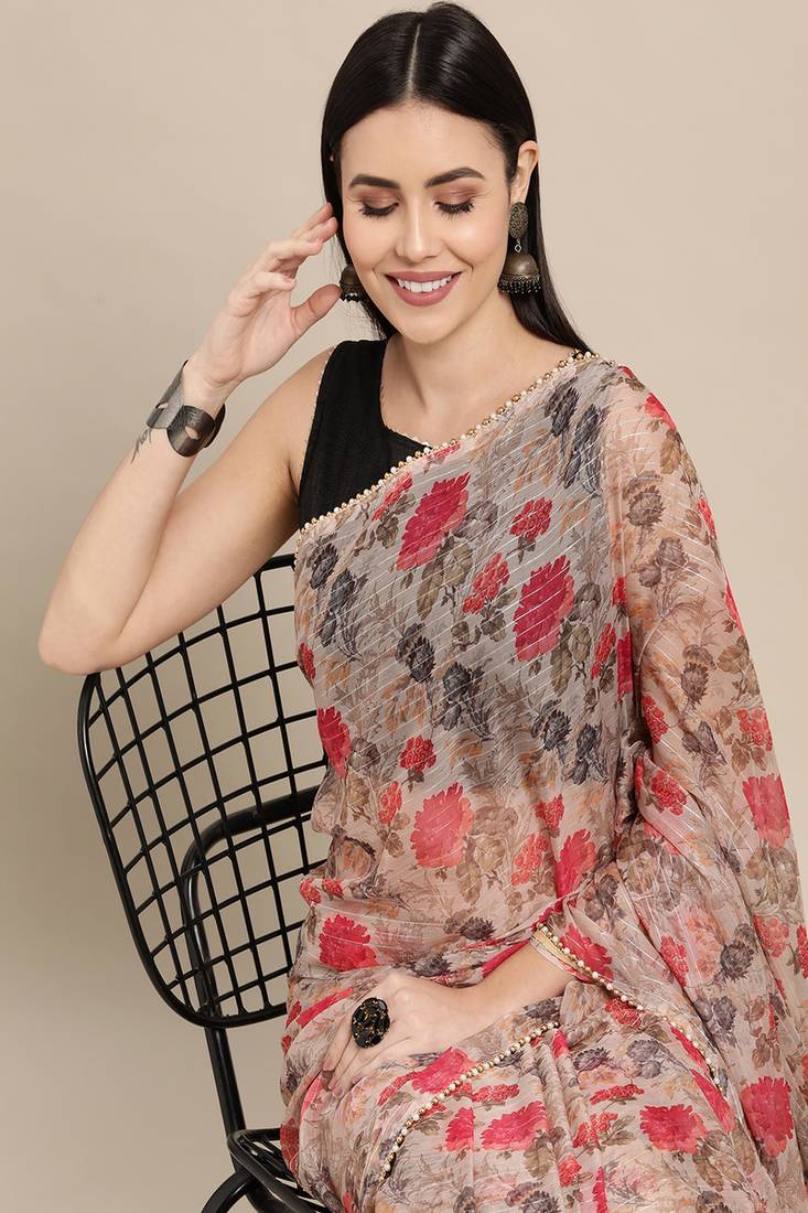 Multicolor printed chiffon saree with blouse