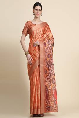 Orange Printed Cotton Saree With Blouse 1