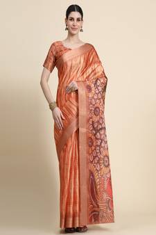 Orange Printed Cotton Saree With Blouse
