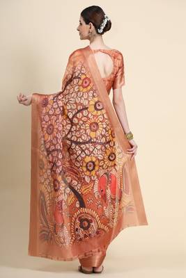 Orange Printed Cotton Saree With Blouse 2