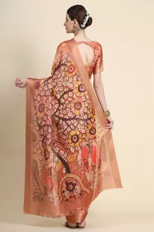 Orange Printed Cotton Saree With Blouse