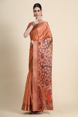 Orange Printed Cotton Saree With Blouse 3