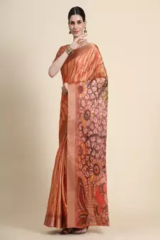 Orange Printed Cotton Saree With Blouse