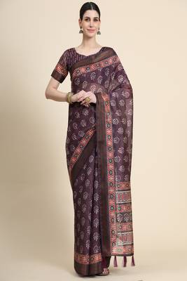 Maroon Printed Linen Saree With Blouse 1