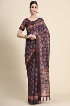 Maroon Printed Linen Saree With Blouse