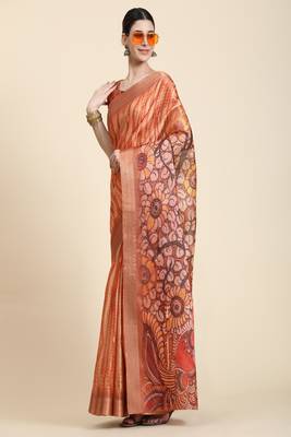 Orange Printed Cotton Saree With Blouse 4