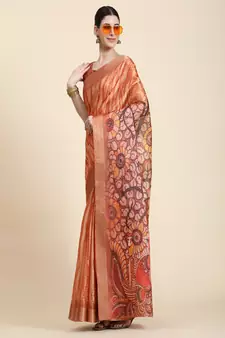 Orange Printed Cotton Saree With Blouse