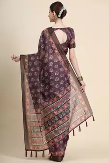 Maroon Printed Linen Saree With Blouse