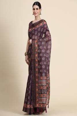 Maroon Printed Linen Saree With Blouse 3