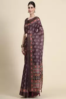 Maroon Printed Linen Saree With Blouse