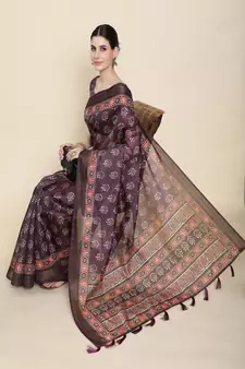 Maroon Printed Linen Saree With Blouse