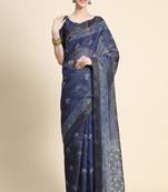 Blue Printed Linen Saree With Blouse