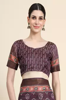 Maroon Printed Linen Saree With Blouse
