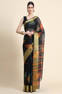 Black Printed Organza Saree With Blouse 1