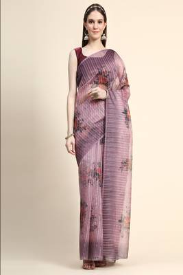 Purple Printed Organza Saree With Blouse 1