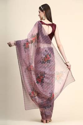 Purple Printed Organza Saree With Blouse 2