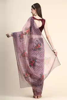 Purple Printed Organza Saree With Blouse