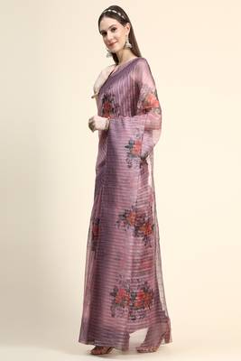 Purple Printed Organza Saree With Blouse 3
