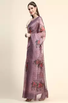 Purple Printed Organza Saree With Blouse