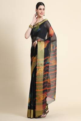 Black Printed Organza Saree With Blouse 3