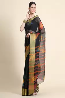 Black Printed Organza Saree With Blouse