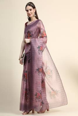 Purple Printed Organza Saree With Blouse 4