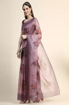 Purple Printed Organza Saree With Blouse