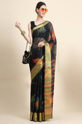 Black Printed Organza Saree With Blouse 4