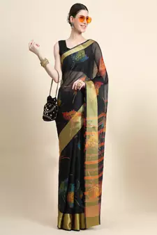 Black Printed Organza Saree With Blouse