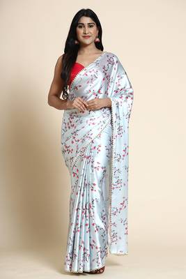 Light Blue Printed Satin Saree With Blouse 1