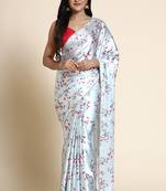Light Blue Printed Satin Saree With Blouse