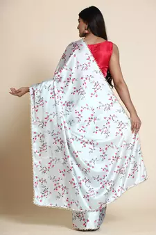 Light Blue Printed Satin Saree With Blouse