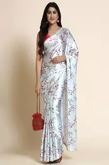 Light Blue Printed Satin Saree With Blouse
