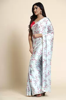 Light Blue Printed Satin Saree With Blouse